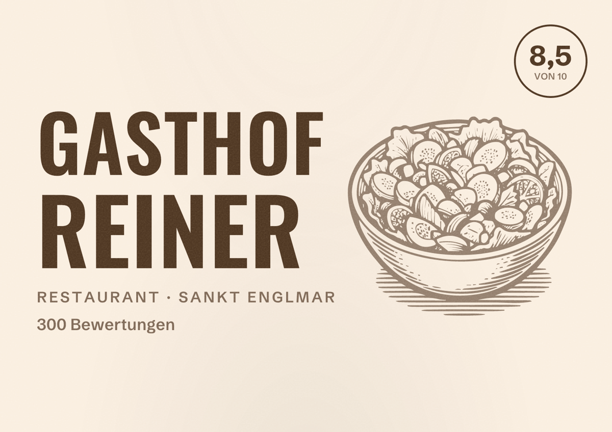 Illustriertes Poster von Gasthof Reiner, Restaurant in Sankt Englmar: Bewertung 8,5 von 10 aus 300 Bewertungen