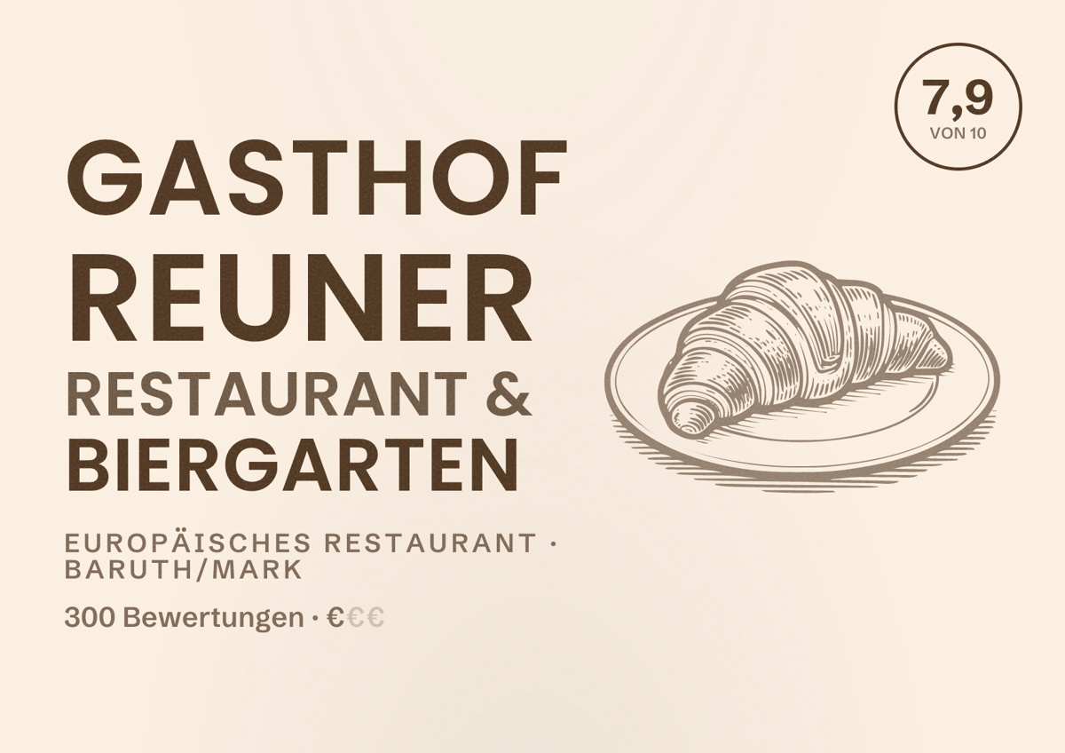 Illustriertes Poster von Gasthof Reuner Restaurant & Biergarten, Europäisches Restaurant in Baruth/Mark: Bewertung 7,9 von 10 aus 300 Bewertungen, Preisniveau €