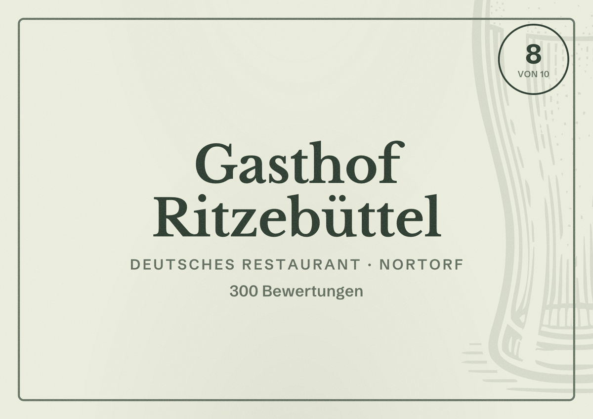 Illustriertes Poster von Gasthof Ritzebüttel, Deutsches Restaurant in Nortorf: Bewertung 8 von 10 aus 300 Bewertungen