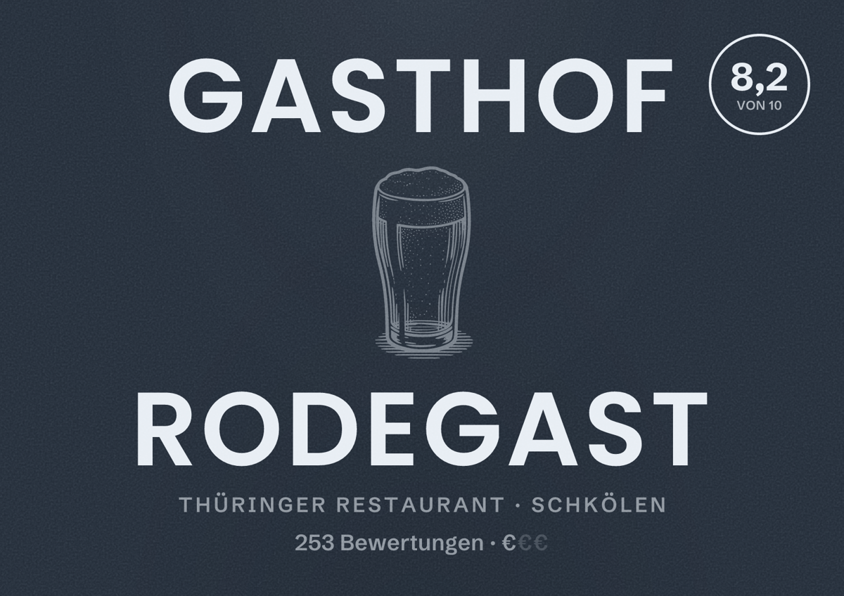 Illustriertes Poster von Gasthof Rodegast, Thüringer Restaurant in Schkölen: Bewertung 8,2 von 10 aus 253 Bewertungen, Preisniveau €