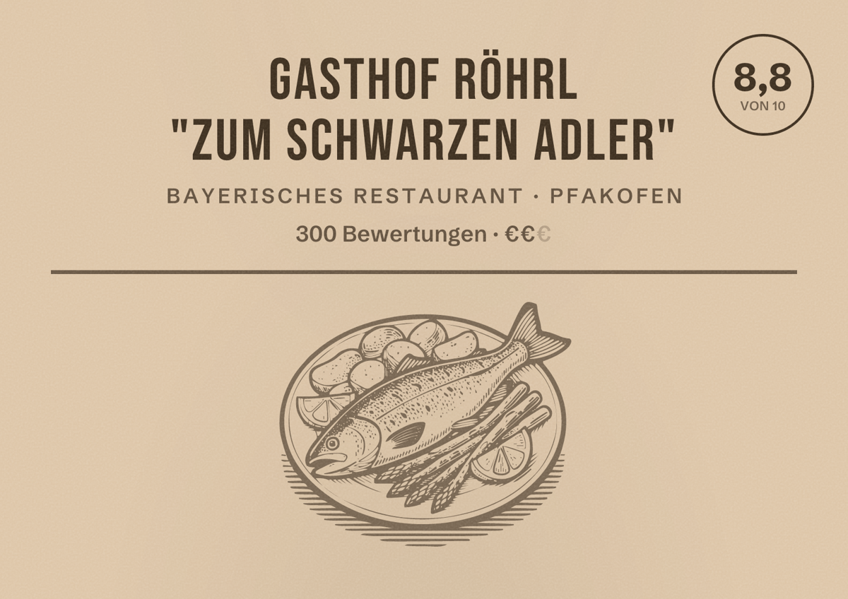 Illustriertes Poster von Gasthof Röhrl "Zum Schwarzen Adler", Bayerisches Restaurant in Pfakofen: Bewertung 8,8 von 10 aus 300 Bewertungen, Preisniveau €€