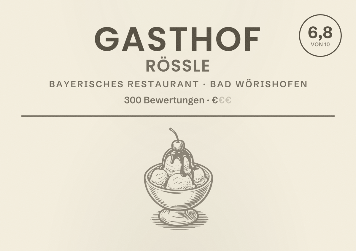 Illustriertes Poster von Gasthof Rößle, Bayerisches Restaurant in Bad Wörishofen: Bewertung 6,8 von 10 aus 300 Bewertungen, Preisniveau €