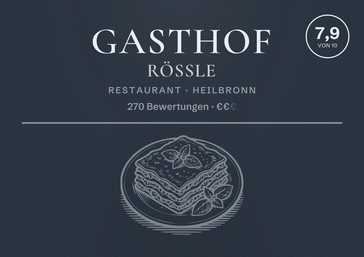 Illustriertes Poster von Gasthof Rössle, Restaurant in Heilbronn: Bewertung 7,9 von 10 aus 270 Bewertungen, Preisniveau €€