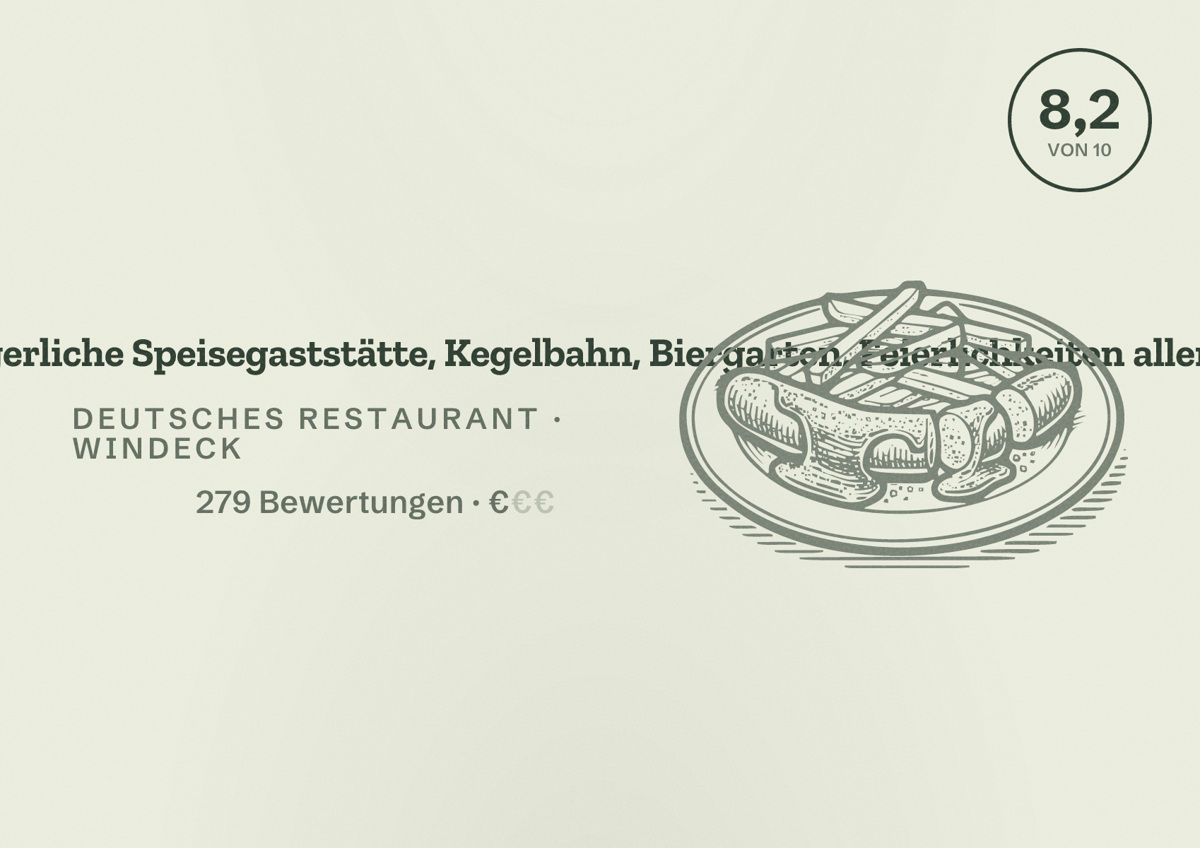 Illustriertes Poster von Gasthof "Rolandseck" Gutbürgerliche Speisegaststätte, Kegelbahn, Biergarten, Feierlichkeiten aller Art,, Deutsches Restaurant in Windeck: Bewertung 8,2 von 10 aus 279 Bewertungen, Preisniveau €