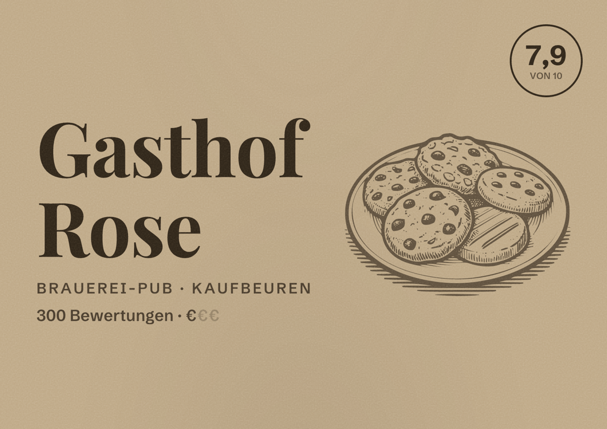 Illustriertes Poster von Gasthof Rose, Brauerei-Pub in Kaufbeuren: Bewertung 7,9 von 10 aus 300 Bewertungen, Preisniveau €