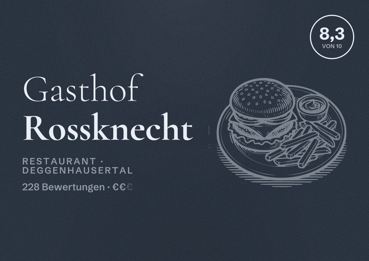 Illustriertes Poster von Gasthof Rossknecht, Restaurant in Deggenhausertal: Bewertung 8,3 von 10 aus 228 Bewertungen, Preisniveau €€