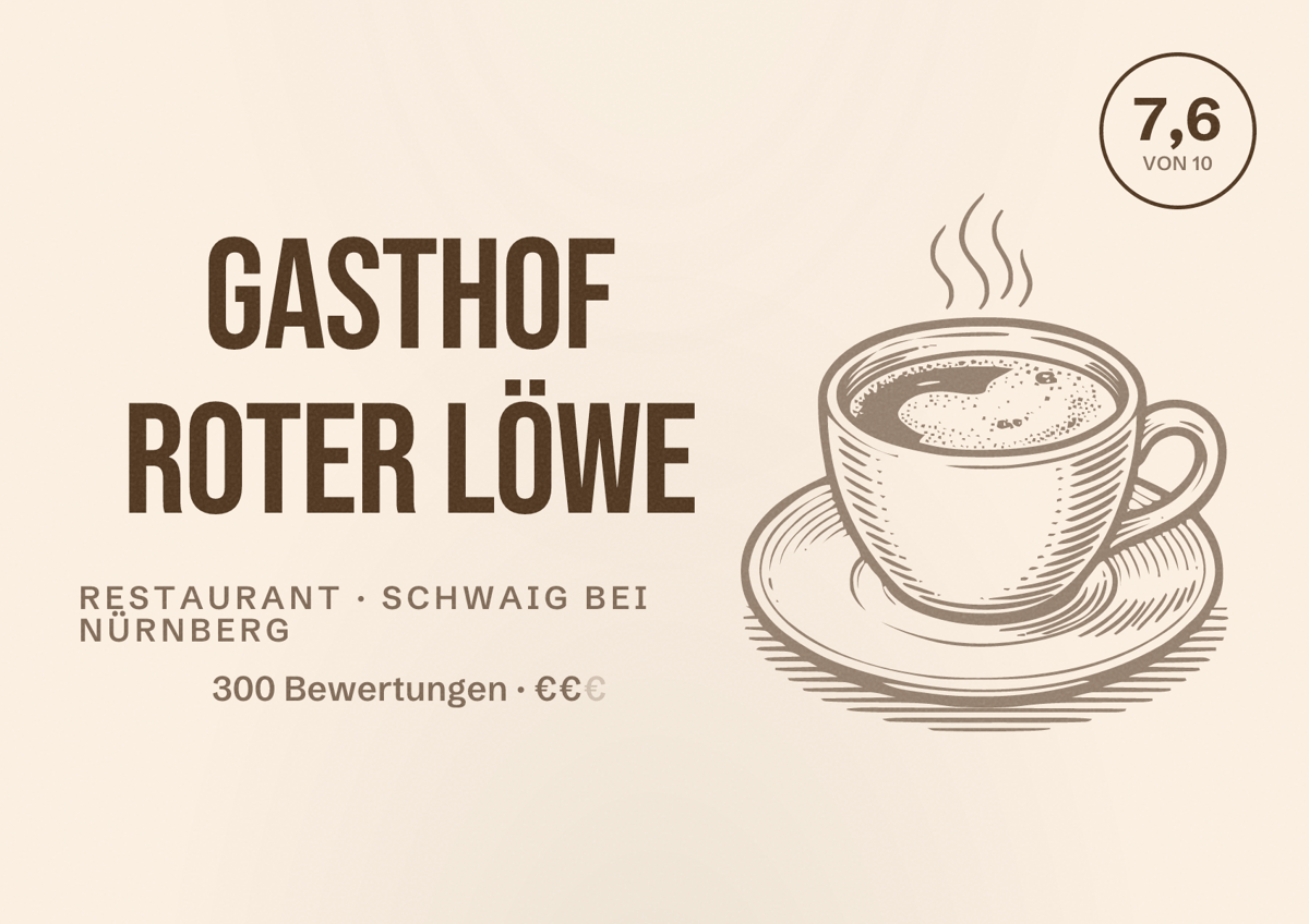 Illustriertes Poster von Gasthof Roter Löwe, Restaurant in Schwaig bei Nürnberg: Bewertung 7,6 von 10 aus 300 Bewertungen, Preisniveau €€