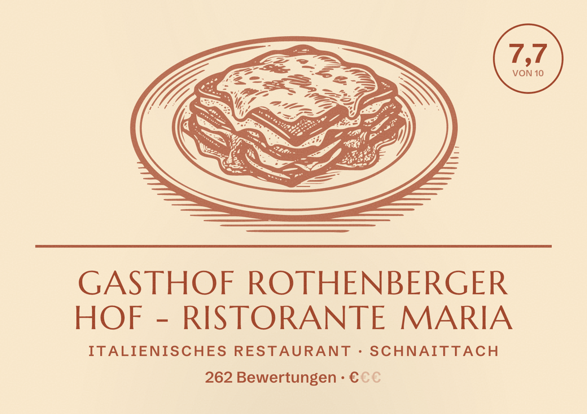 Illustriertes Poster von Gasthof Rothenberger Hof - Ristorante Maria, Italienisches Restaurant in Schnaittach: Bewertung 7,7 von 10 aus 262 Bewertungen, Preisniveau €