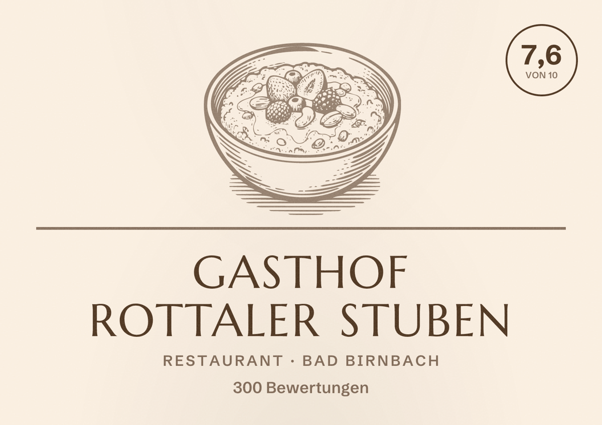 Illustriertes Poster von Gasthof Rottaler Stuben, Restaurant in Bad Birnbach: Bewertung 7,6 von 10 aus 300 Bewertungen