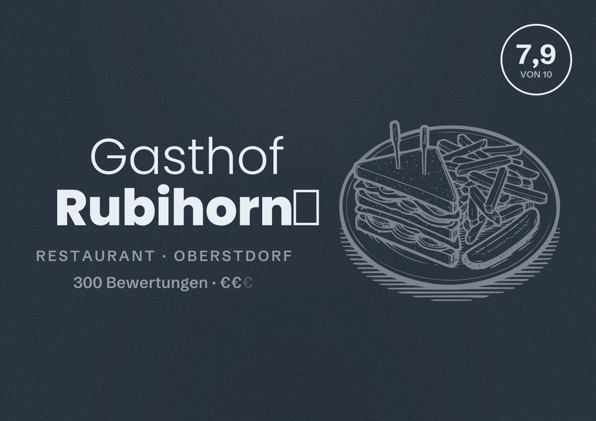 Illustriertes Poster von Gasthof Rubihorn️, Restaurant in Oberstdorf: Bewertung 7,9 von 10 aus 300 Bewertungen, Preisniveau €€