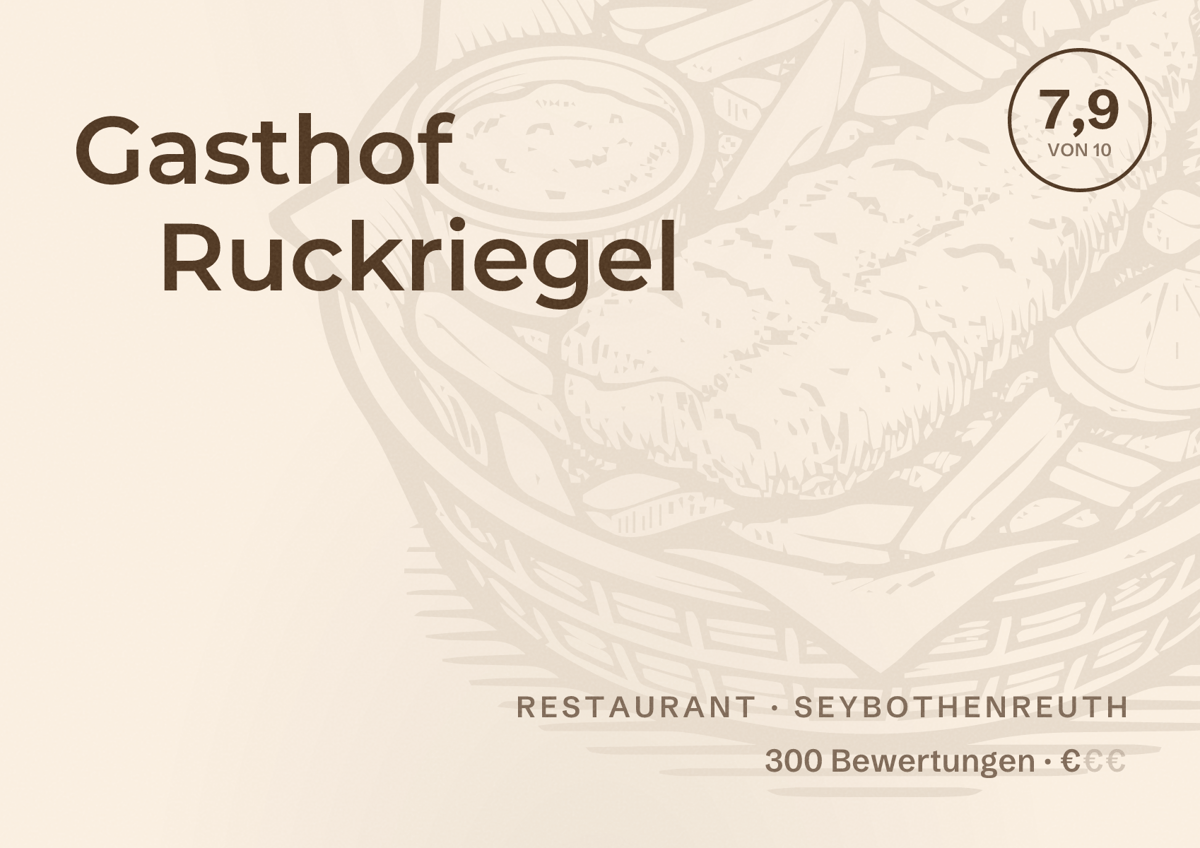 Illustriertes Poster von Gasthof Ruckriegel, Restaurant in Seybothenreuth: Bewertung 7,9 von 10 aus 300 Bewertungen, Preisniveau €