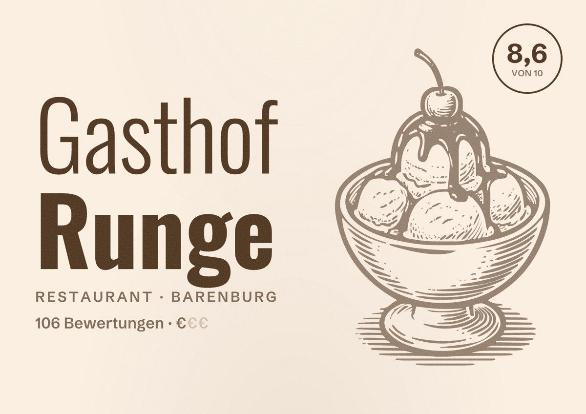 Illustriertes Poster von Gasthof Runge, Restaurant in Barenburg: Bewertung 8,6 von 10 aus 106 Bewertungen, Preisniveau €