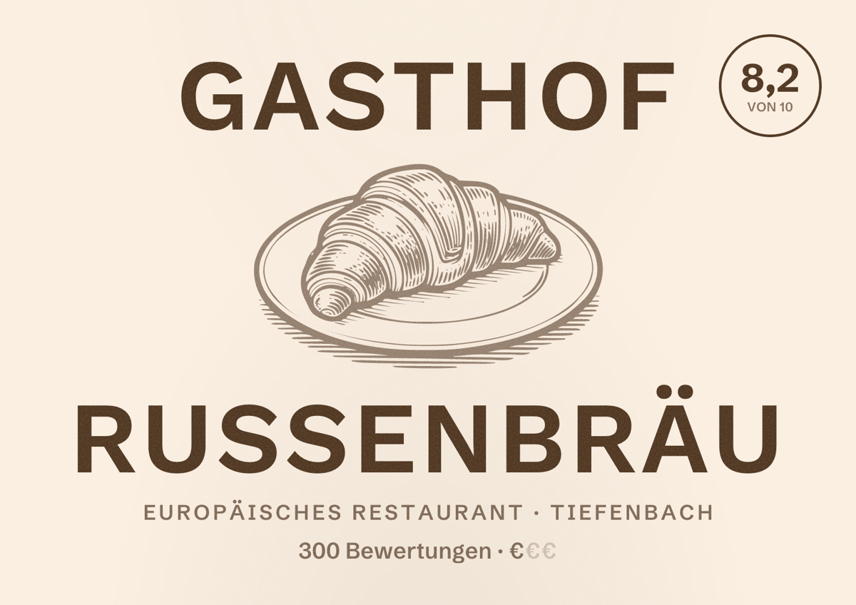 Illustriertes Poster von Gasthof Russenbräu, Europäisches Restaurant in Tiefenbach: Bewertung 8,2 von 10 aus 300 Bewertungen, Preisniveau €