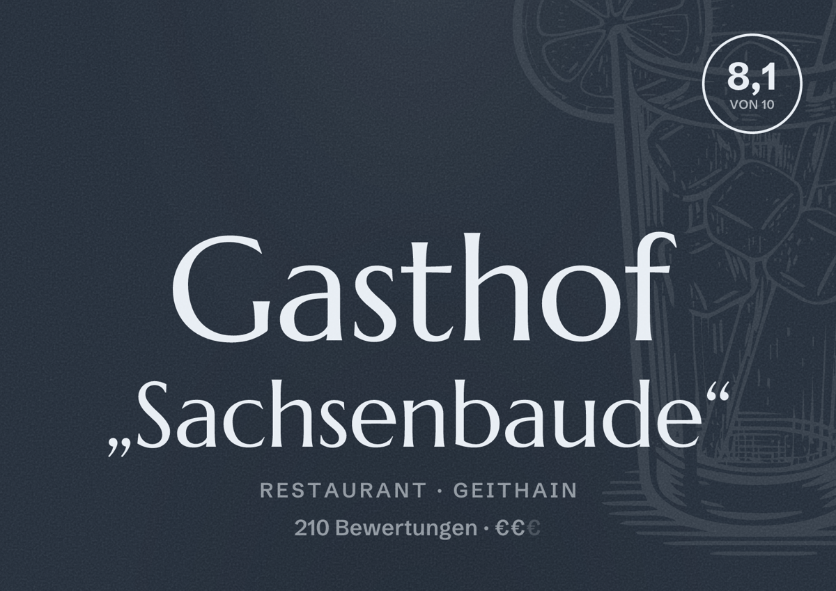 Illustriertes Poster von Gasthof „Sachsenbaude“, Restaurant in Geithain: Bewertung 8,1 von 10 aus 210 Bewertungen, Preisniveau €€