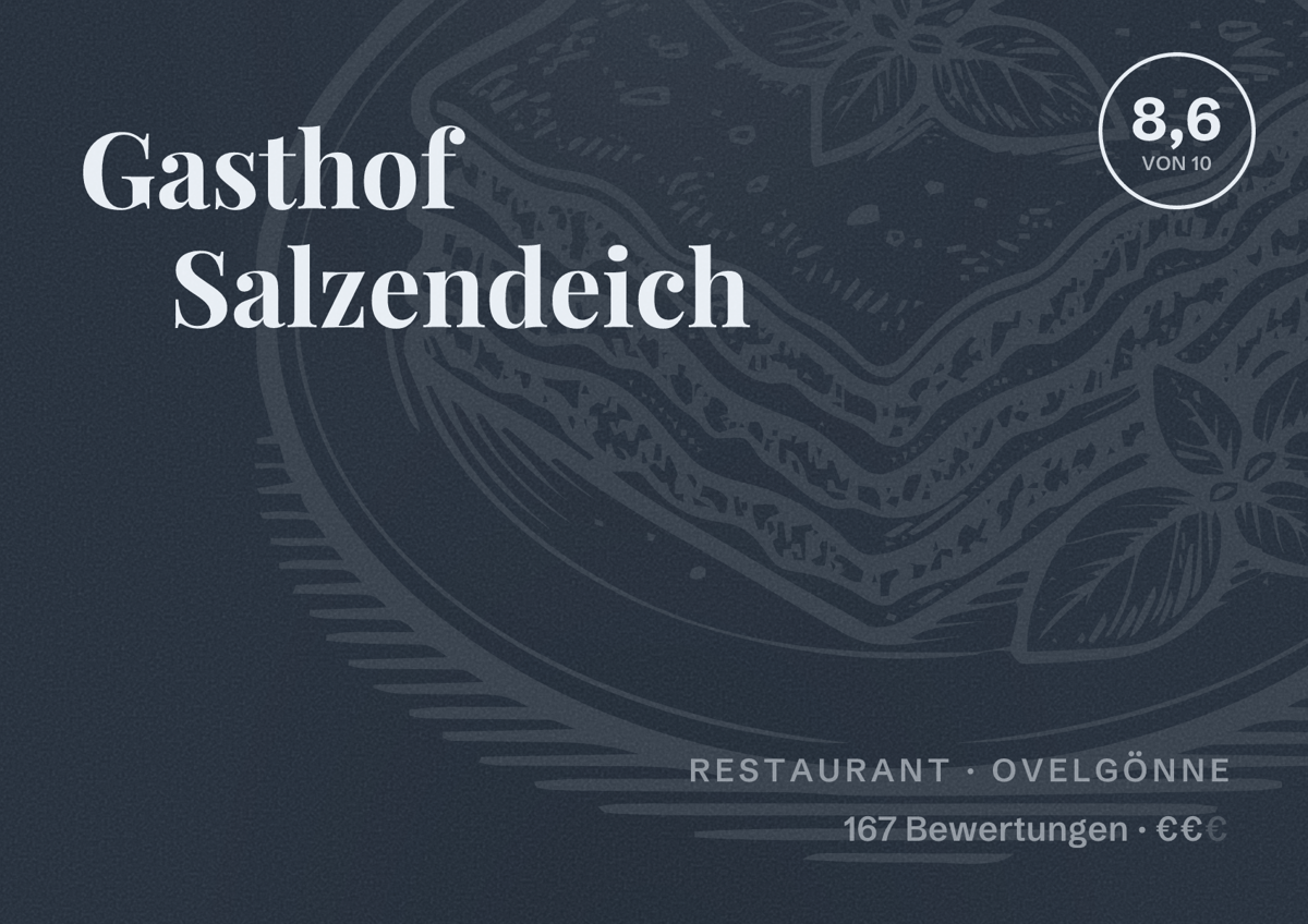 Illustriertes Poster von Gasthof Salzendeich, Restaurant in Ovelgönne: Bewertung 8,6 von 10 aus 167 Bewertungen, Preisniveau €€