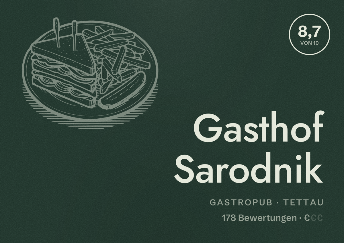 Illustriertes Poster von Gasthof Sarodnik, Gastropub in Tettau: Bewertung 8,7 von 10 aus 178 Bewertungen, Preisniveau €