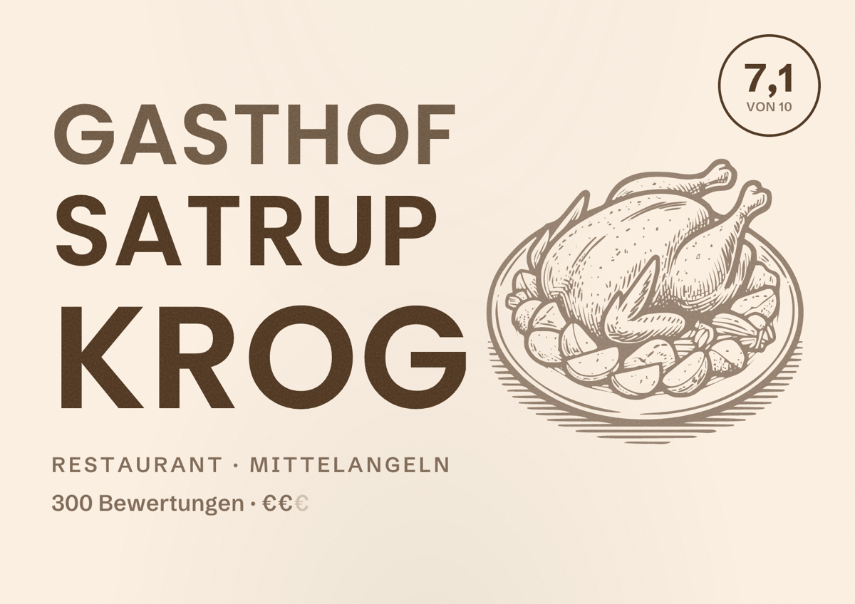 Illustriertes Poster von Gasthof Satrup Krog, Restaurant in Mittelangeln: Bewertung 7,1 von 10 aus 300 Bewertungen, Preisniveau €€