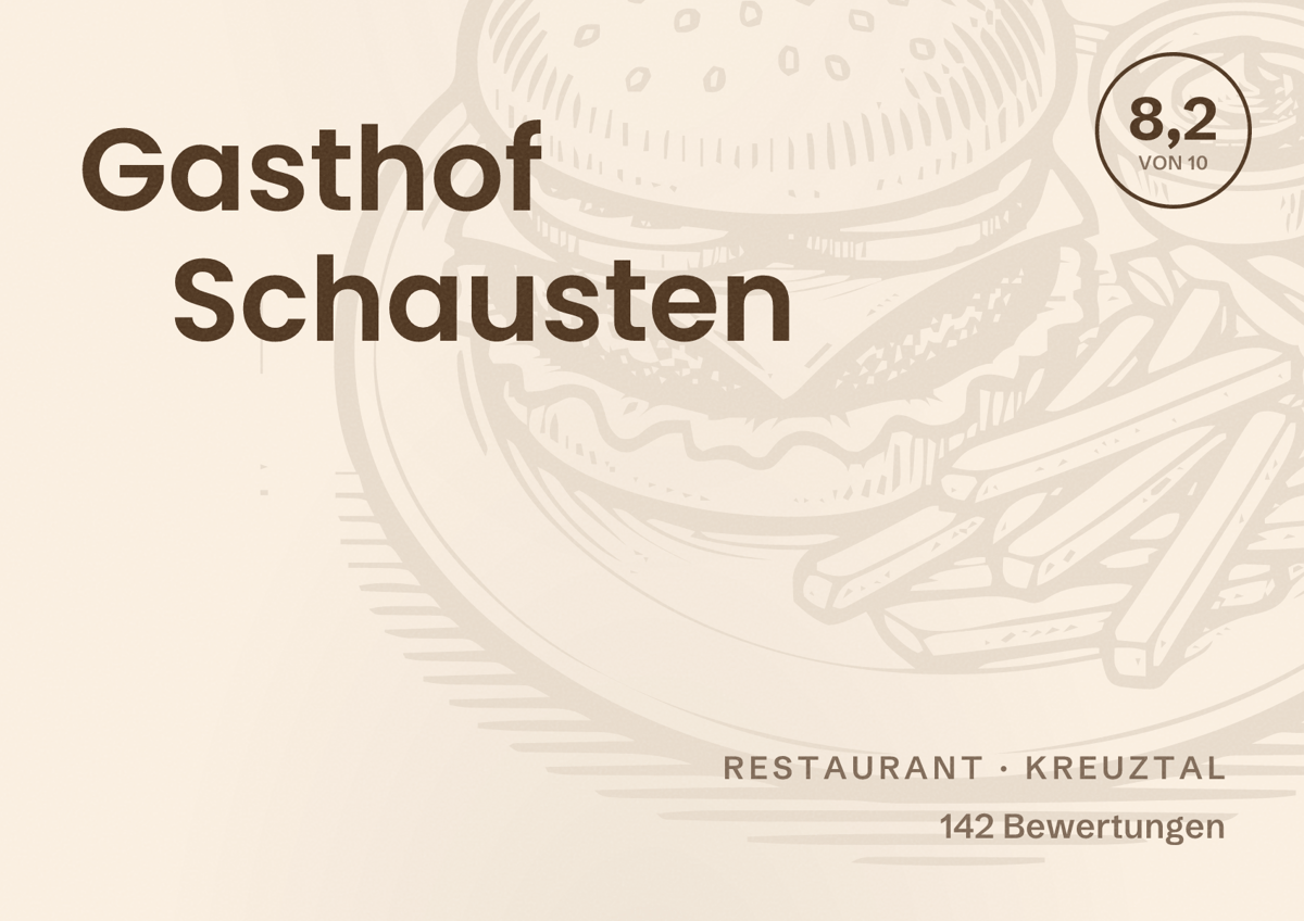 Illustriertes Poster von Gasthof Schausten, Restaurant in Kreuztal: Bewertung 8,2 von 10 aus 142 Bewertungen