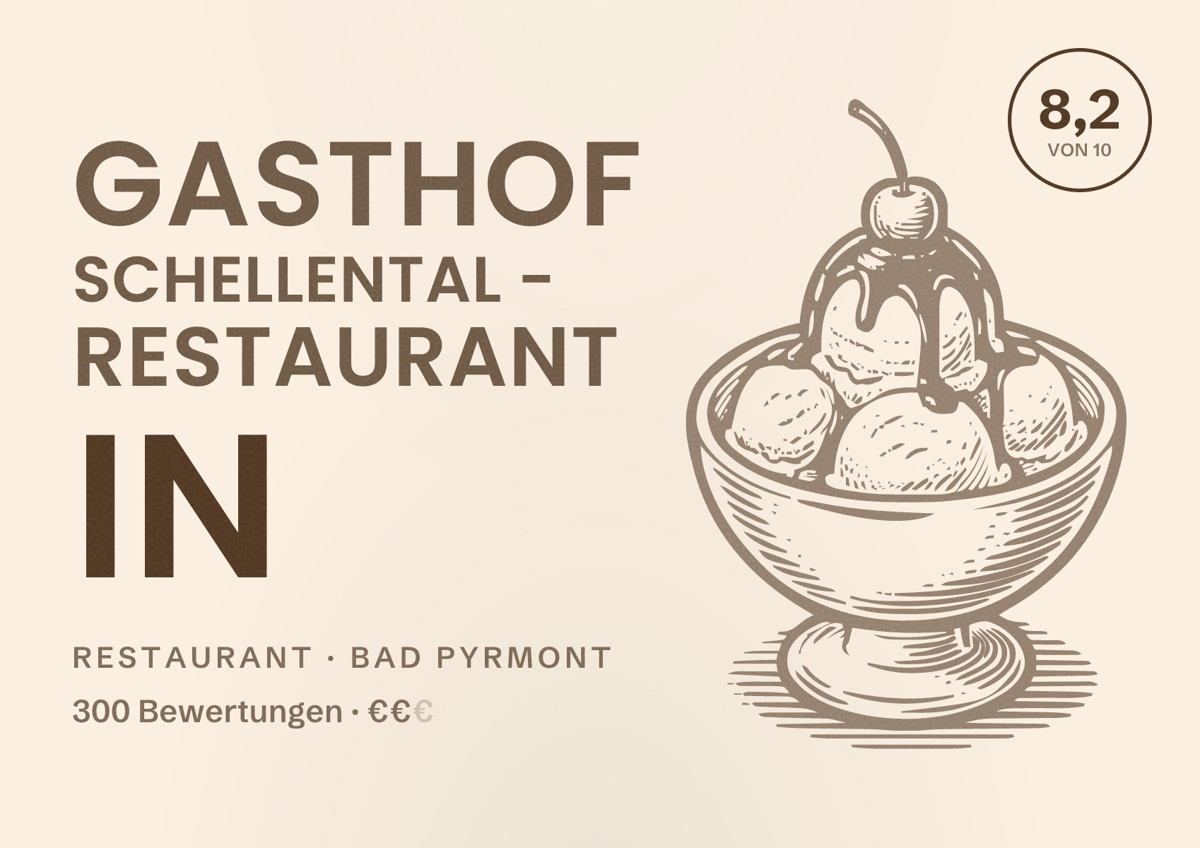 Illustriertes Poster von Gasthof Schellental - Restaurant in, Restaurant in Bad Pyrmont: Bewertung 8,2 von 10 aus 300 Bewertungen, Preisniveau €€