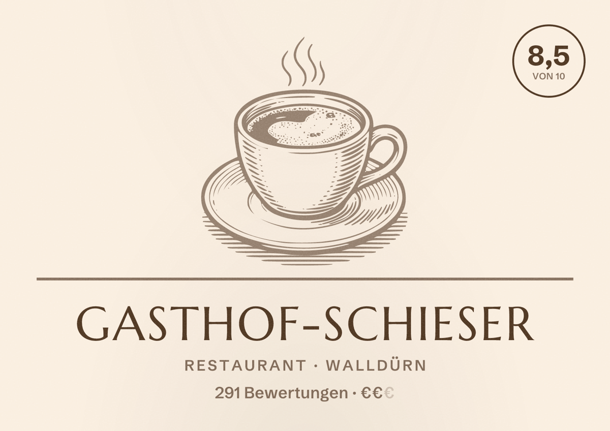Illustriertes Poster von Gasthof-Schieser, Restaurant in Walldürn: Bewertung 8,5 von 10 aus 291 Bewertungen, Preisniveau €€