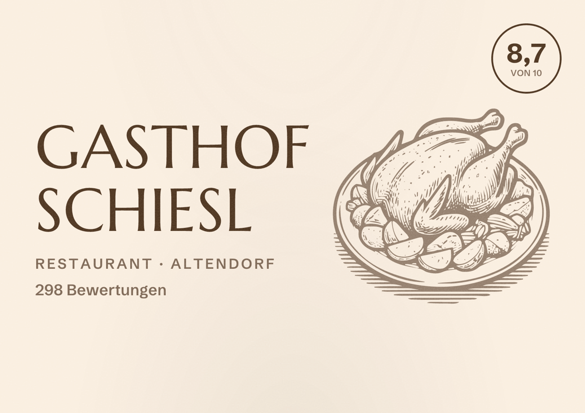 Illustriertes Poster von Gasthof Schiesl, Restaurant in Altendorf: Bewertung 8,7 von 10 aus 298 Bewertungen