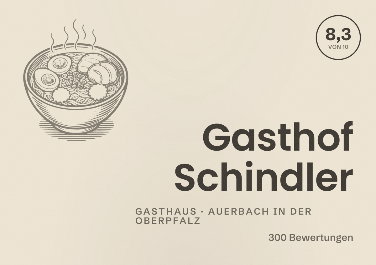 Illustriertes Poster von Gasthof Schindler, Gasthaus in Auerbach in der Oberpfalz: Bewertung 8,3 von 10 aus 300 Bewertungen