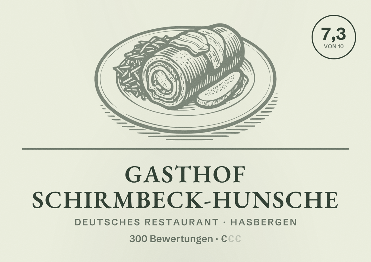 Illustriertes Poster von Gasthof Schirmbeck-Hunsche, Deutsches Restaurant in Hasbergen: Bewertung 7,3 von 10 aus 300 Bewertungen, Preisniveau €