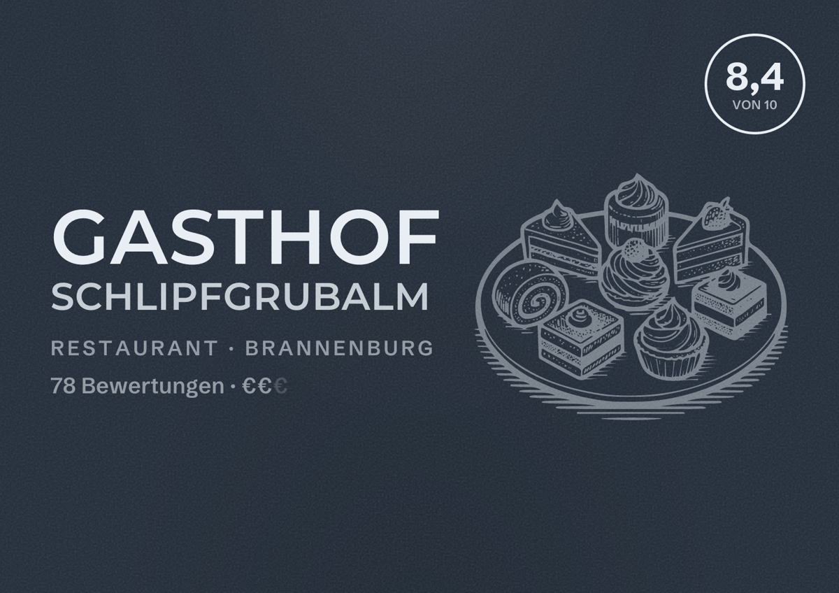 Illustriertes Poster von Gasthof Schlipfgrubalm, Restaurant in Brannenburg: Bewertung 8,4 von 10 aus 78 Bewertungen, Preisniveau €€
