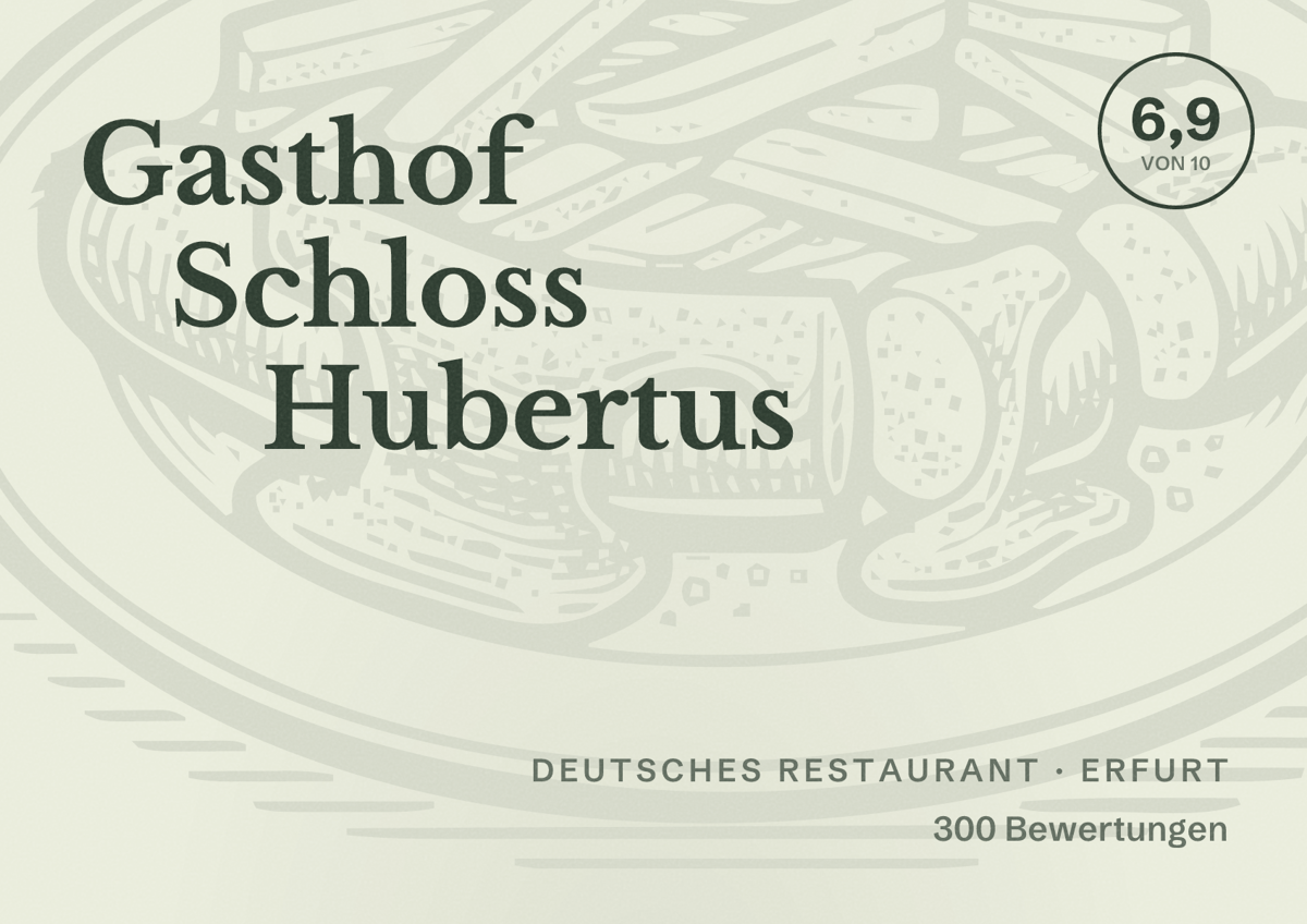 Illustriertes Poster von Gasthof Schloss Hubertus, Deutsches Restaurant in Erfurt: Bewertung 6,9 von 10 aus 300 Bewertungen