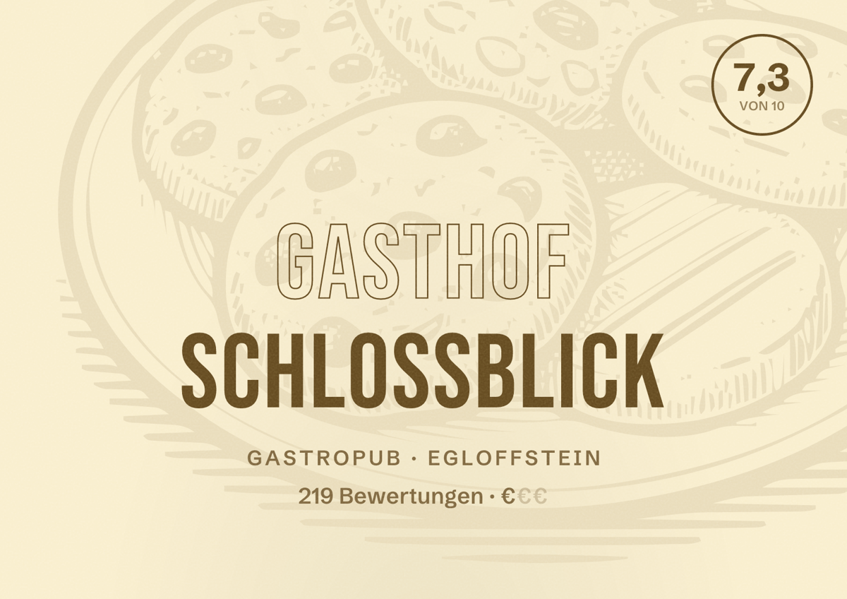 Illustriertes Poster von Gasthof Schlossblick, Gastropub in Egloffstein: Bewertung 7,3 von 10 aus 219 Bewertungen, Preisniveau €