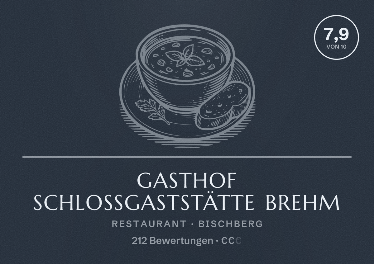Illustriertes Poster von Gasthof Schloßgaststätte Brehm, Restaurant in Bischberg: Bewertung 7,9 von 10 aus 212 Bewertungen, Preisniveau €€