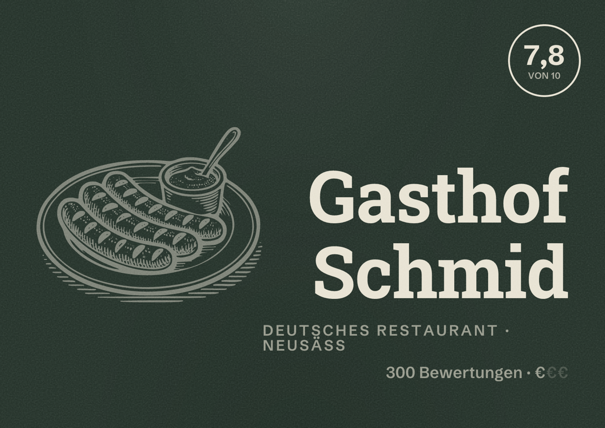 Illustriertes Poster von Gasthof Schmid, Deutsches Restaurant in Neusäß: Bewertung 7,8 von 10 aus 300 Bewertungen, Preisniveau €