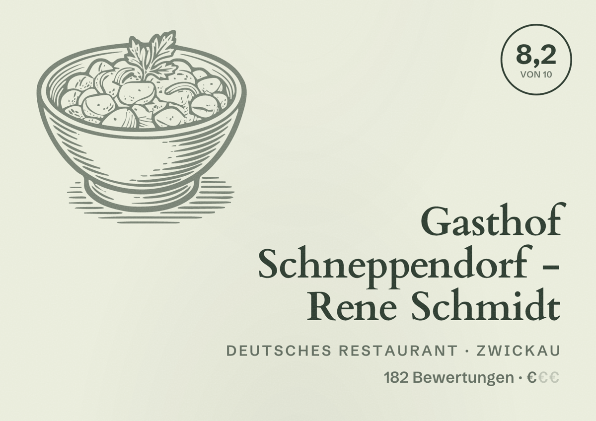 Illustriertes Poster von Gasthof Schneppendorf - Rene Schmidt, Deutsches Restaurant in Zwickau: Bewertung 8,2 von 10 aus 182 Bewertungen, Preisniveau €