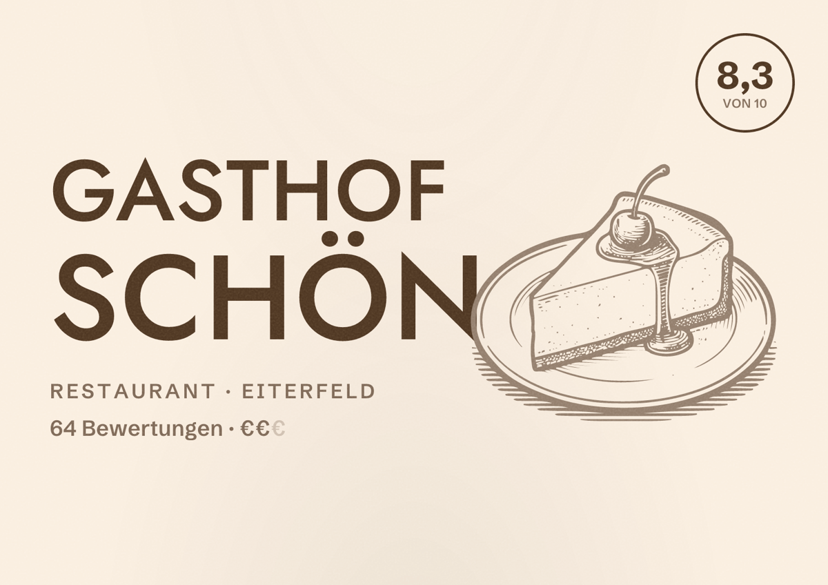 Illustriertes Poster von Gasthof Schön, Restaurant in Eiterfeld: Bewertung 8,3 von 10 aus 64 Bewertungen, Preisniveau €€