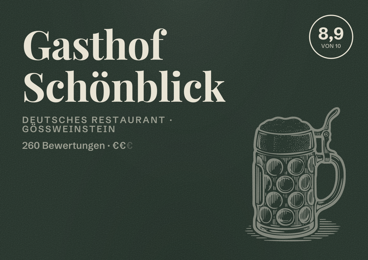 Illustriertes Poster von Gasthof Schönblick, Deutsches Restaurant in Gößweinstein: Bewertung 8,9 von 10 aus 260 Bewertungen, Preisniveau €€