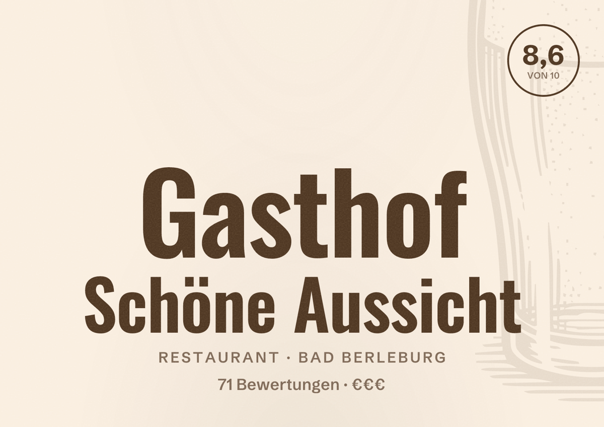Illustriertes Poster von Gasthof Schöne Aussicht, Restaurant in Bad Berleburg: Bewertung 8,6 von 10 aus 71 Bewertungen, Preisniveau €€€