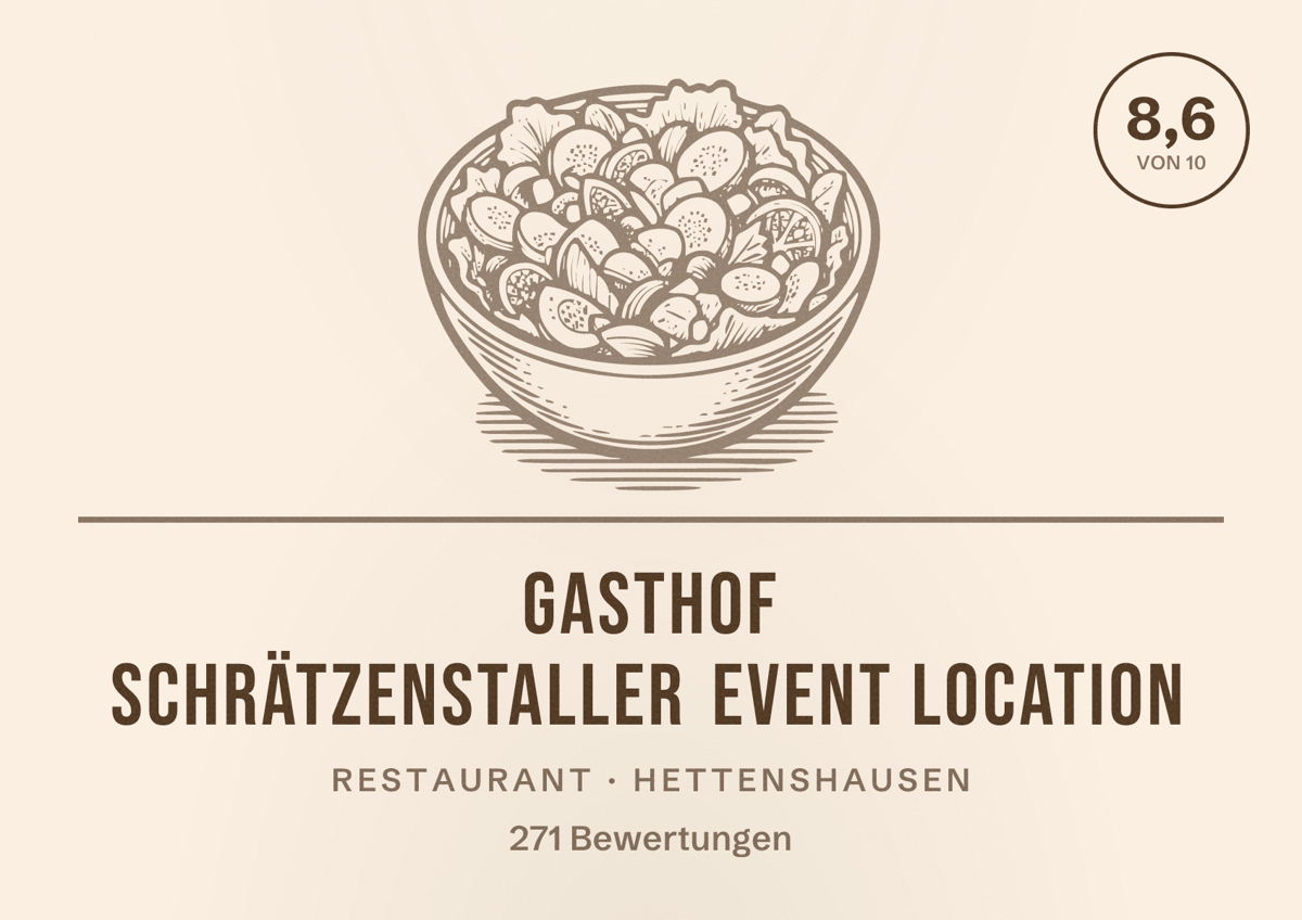 Illustriertes Poster von Gasthof Schrätzenstaller Event Location, Restaurant in Hettenshausen: Bewertung 8,6 von 10 aus 271 Bewertungen