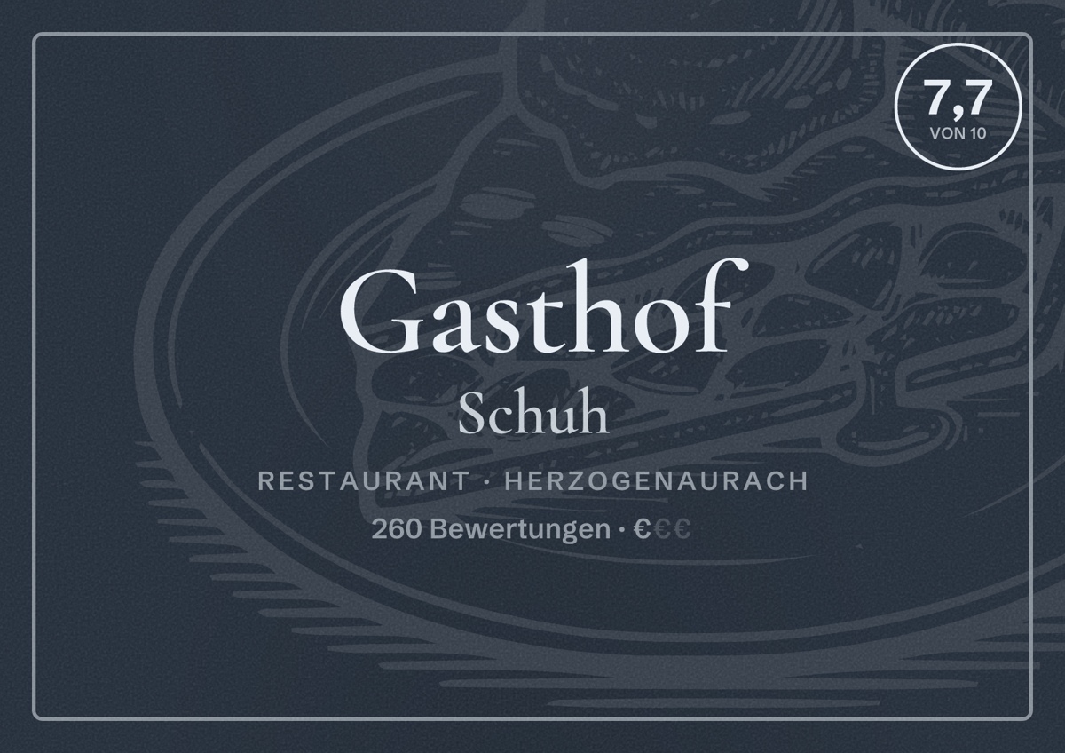 Illustriertes Poster von Gasthof Schuh, Restaurant in Herzogenaurach: Bewertung 7,7 von 10 aus 260 Bewertungen, Preisniveau €