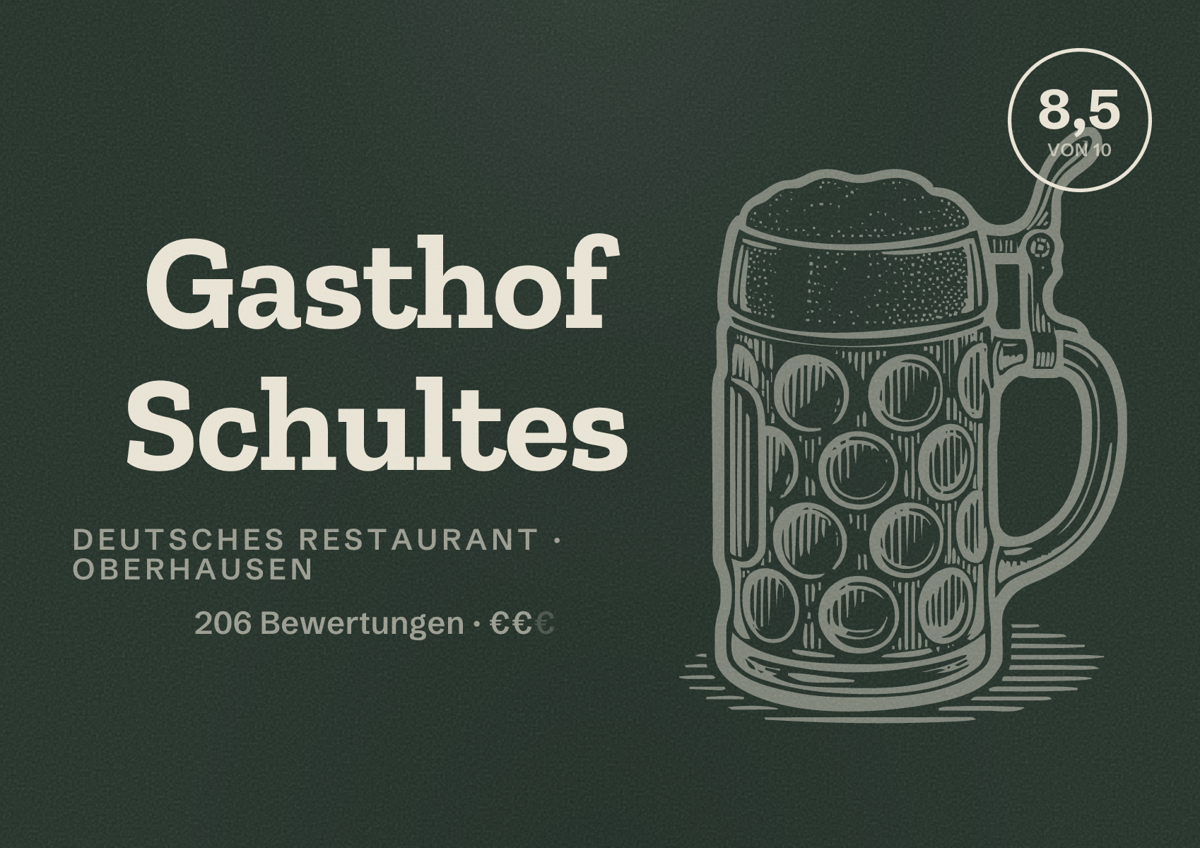 Illustriertes Poster von Gasthof Schultes, Deutsches Restaurant in Oberhausen: Bewertung 8,5 von 10 aus 206 Bewertungen, Preisniveau €€