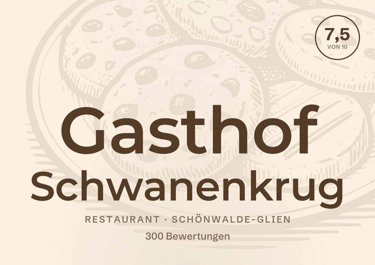 Illustriertes Poster von Gasthof Schwanenkrug, Restaurant in Schönwalde-Glien: Bewertung 7,5 von 10 aus 300 Bewertungen