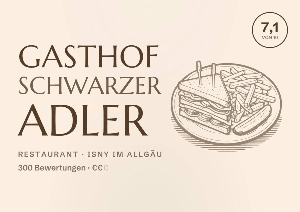 Illustriertes Poster von Gasthof Schwarzer Adler, Restaurant in Isny im Allgäu: Bewertung 7,1 von 10 aus 300 Bewertungen, Preisniveau €€