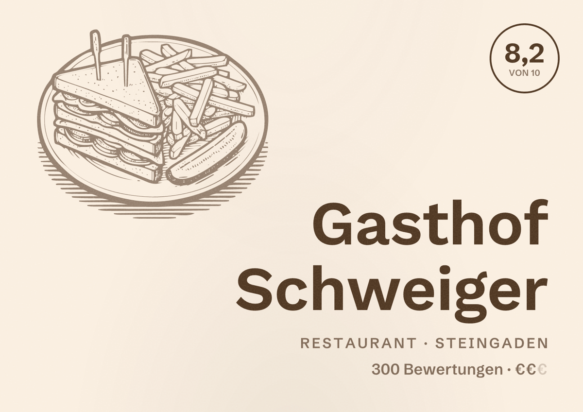 Illustriertes Poster von Gasthof Schweiger, Restaurant in Steingaden: Bewertung 8,2 von 10 aus 300 Bewertungen, Preisniveau €€