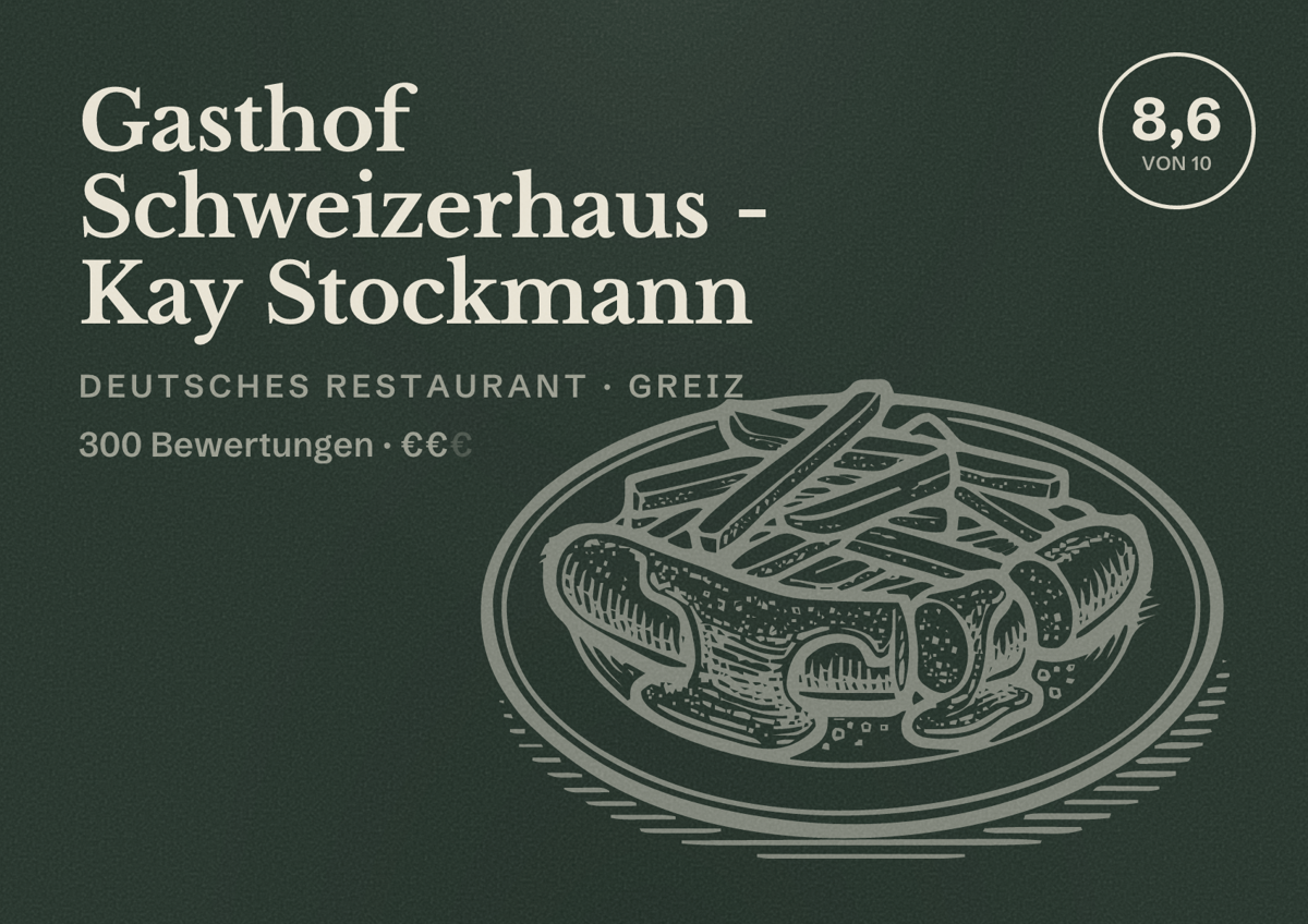 Illustriertes Poster von Gasthof Schweizerhaus - Kay Stockmann, Deutsches Restaurant in Greiz: Bewertung 8,6 von 10 aus 300 Bewertungen, Preisniveau €€