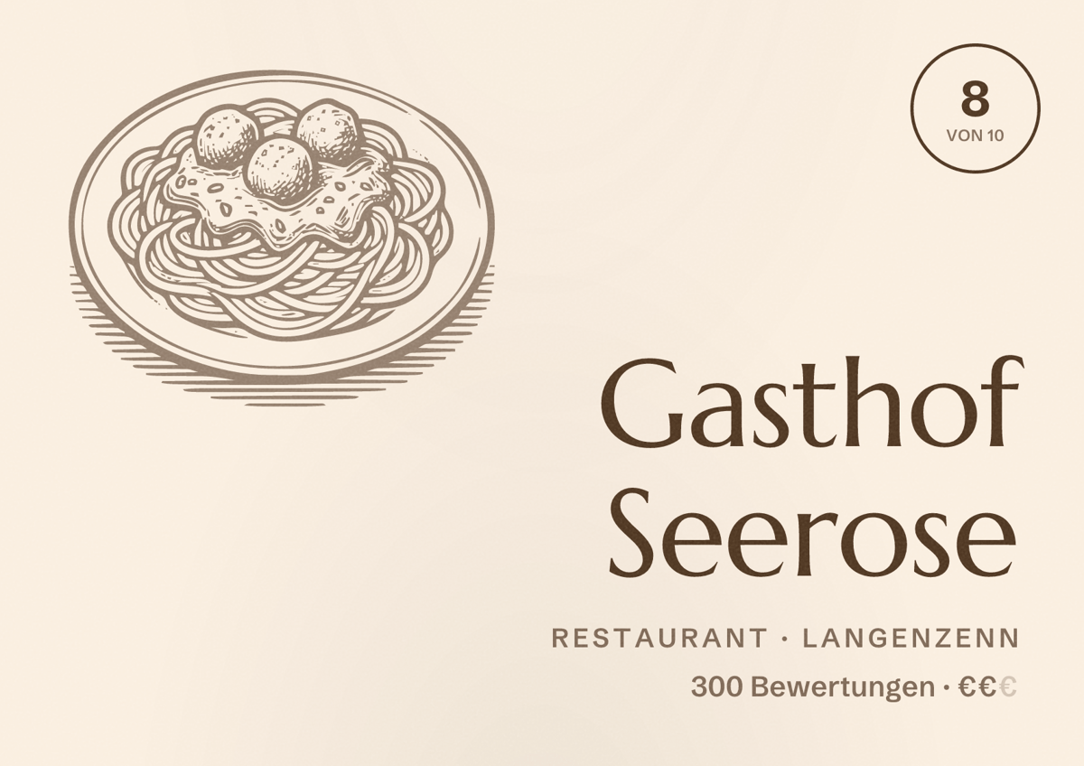 Illustriertes Poster von Gasthof Seerose, Restaurant in Langenzenn: Bewertung 8 von 10 aus 300 Bewertungen, Preisniveau €€