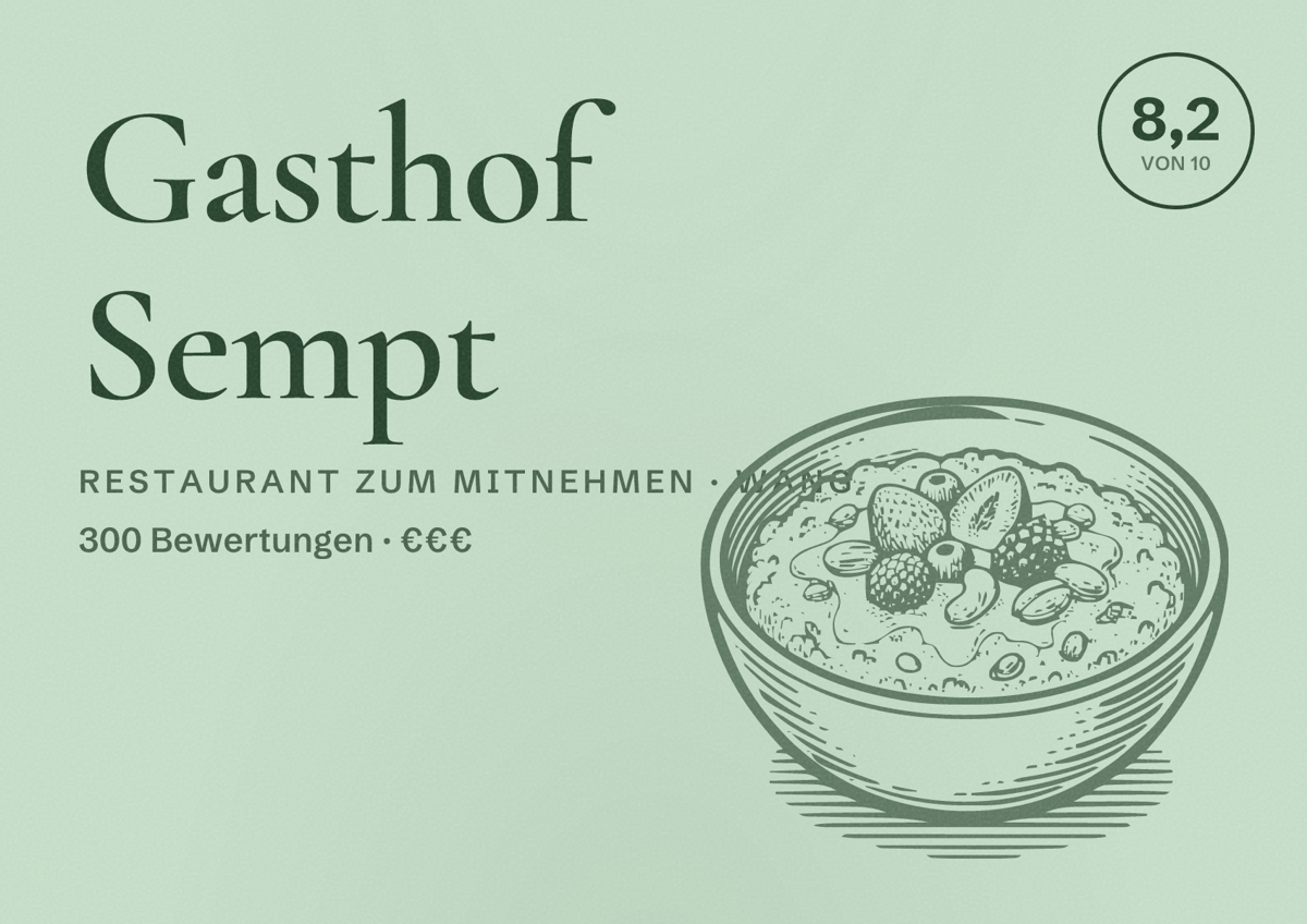 Illustriertes Poster von Gasthof Sempt, Restaurant zum Mitnehmen in Wang: Bewertung 8,2 von 10 aus 300 Bewertungen, Preisniveau €€€