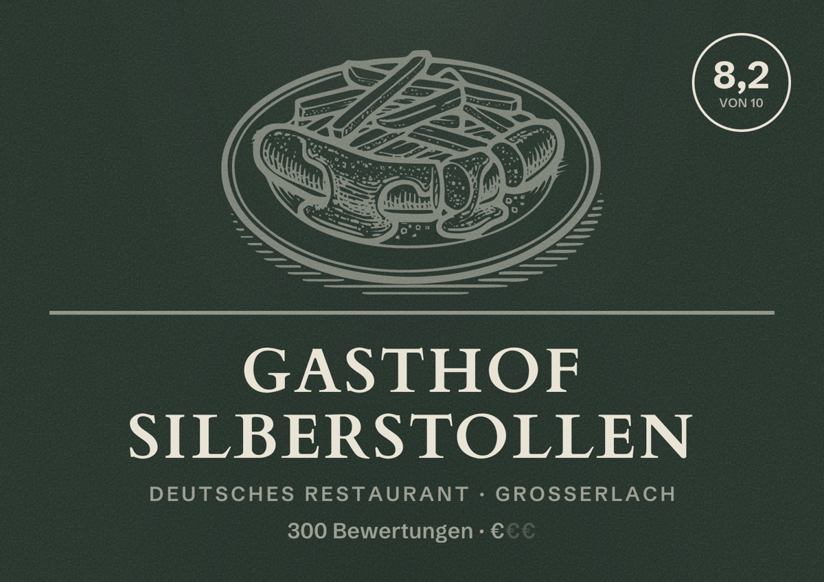 Illustriertes Poster von Gasthof Silberstollen, Deutsches Restaurant in Großerlach: Bewertung 8,2 von 10 aus 300 Bewertungen, Preisniveau €