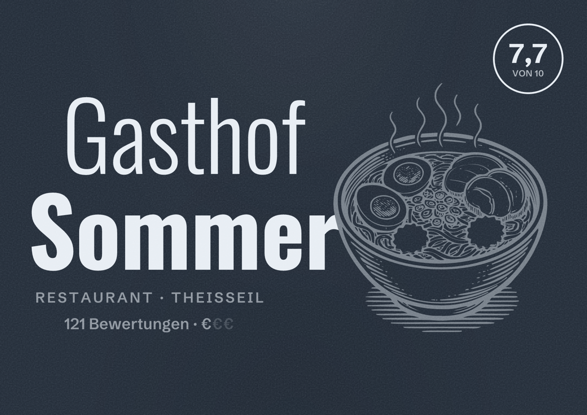 Illustriertes Poster von Gasthof Sommer, Restaurant in Theisseil: Bewertung 7,7 von 10 aus 121 Bewertungen, Preisniveau €