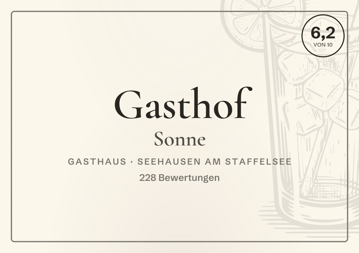 Illustriertes Poster von Gasthof Sonne, Gasthaus in Seehausen am Staffelsee: Bewertung 6,2 von 10 aus 228 Bewertungen