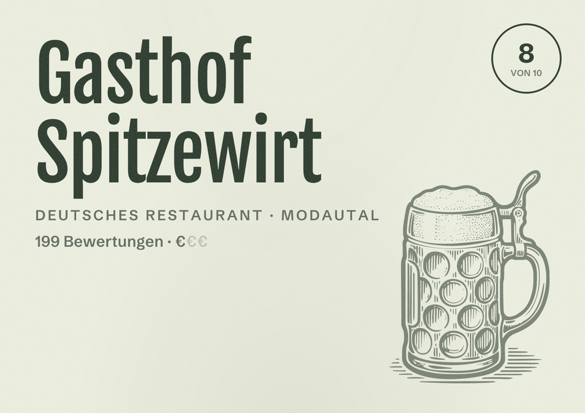 Illustriertes Poster von Gasthof Spitzewirt, Deutsches Restaurant in Modautal: Bewertung 8 von 10 aus 199 Bewertungen, Preisniveau €
