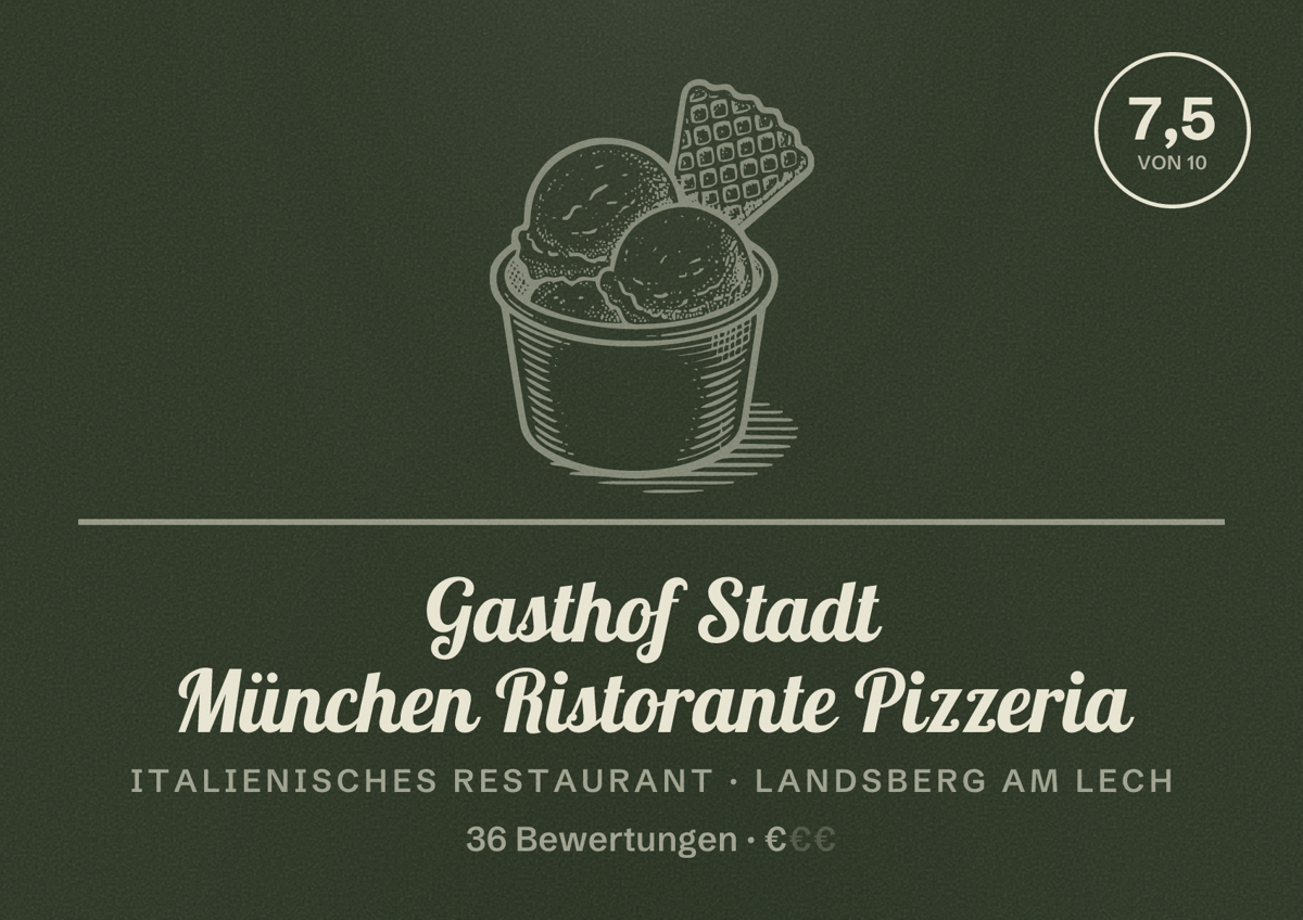 Illustriertes Poster von Gasthof Stadt München Ristorante Pizzeria, Italienisches Restaurant in Landsberg am Lech: Bewertung 7,5 von 10 aus 36 Bewertungen, Preisniveau €